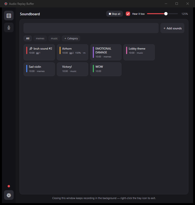 ReplayPad soundboard window: a dark UI with a grid of colored sound pads and category chips